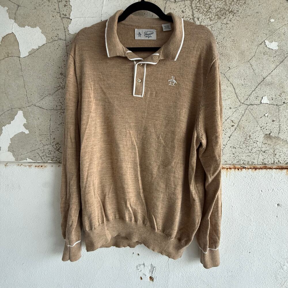 Original Penguin Sweater Merino Wool Polo Long Sleeve‎ XXL Camel Knit Pullover